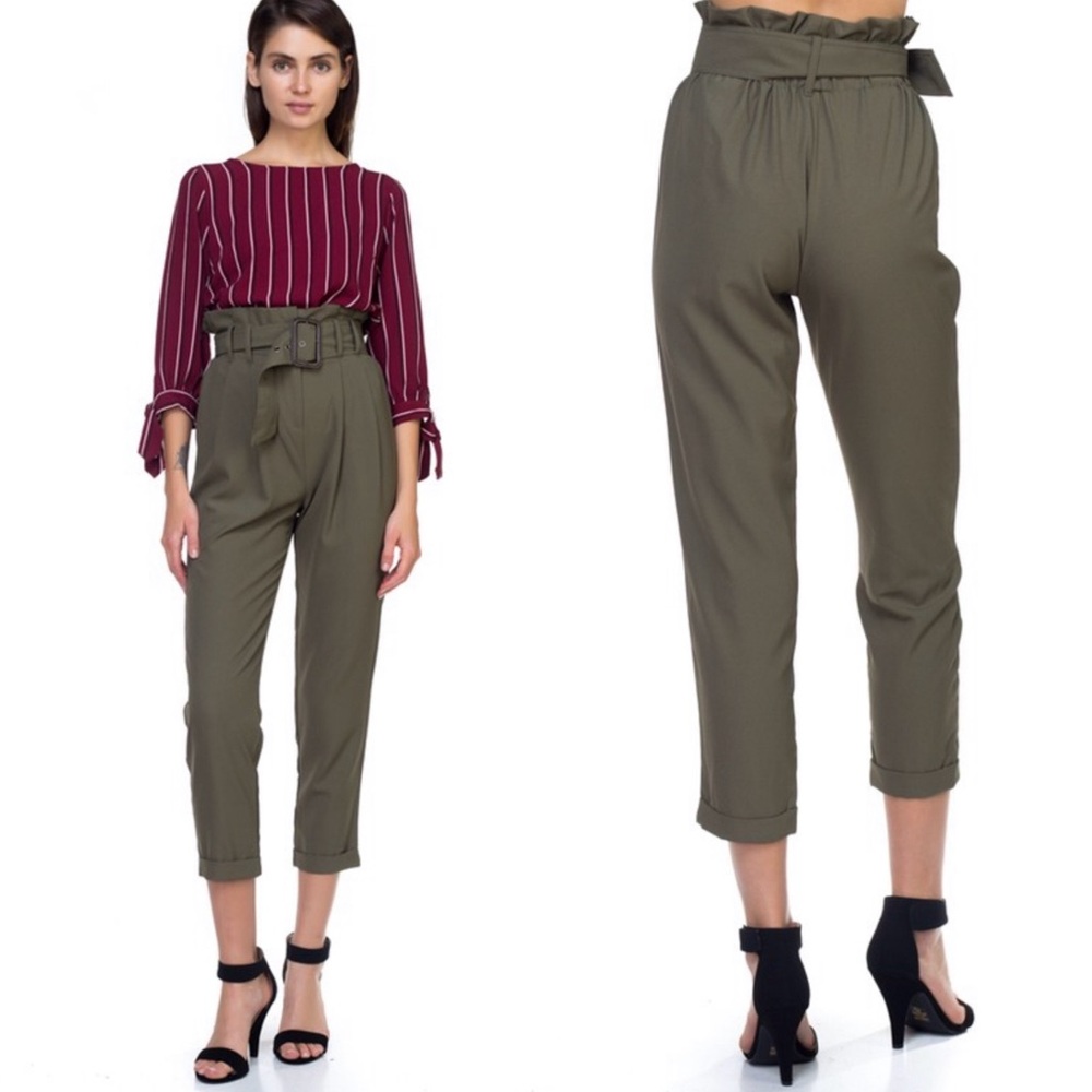 High waisted paper bag ankle length pants
